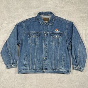 VTG Denim Trucker Jacket Wells Fargo Port Authority Men 2XL Blue USA Grunge Boho